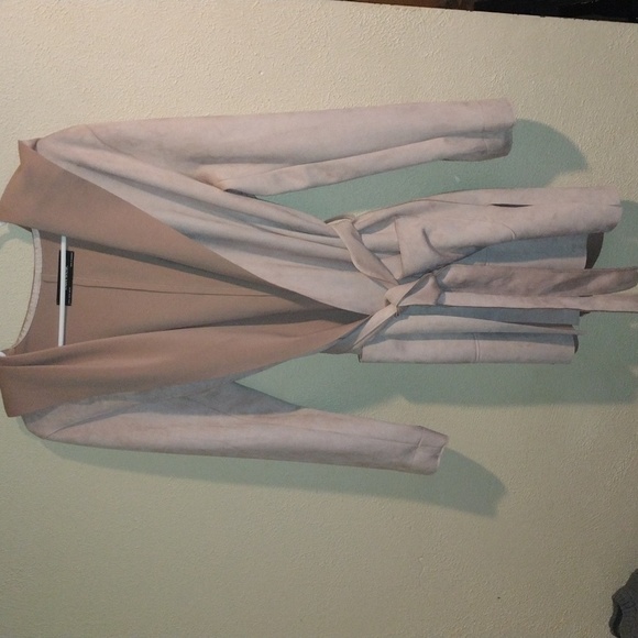 Zara Light Pink Faux Suede Hooded Raw Edge Front Belted Zara Jacket M - Picture 2 of 7